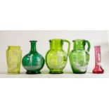 Mary Gregory type glass items to include: Water jugs, spill vase & vases, tallest 15.5cm (5)