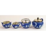 Wedgwood dip blue tea for one set with silver plated mounts: Height of teapot 10cm (4)