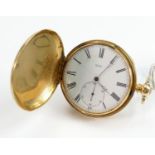 18ct gold gents full hunter pocket watch: Marked Delolme London to dial and case. Measures 50mm