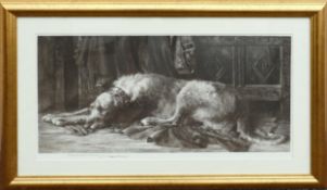 Herbert Dicksee etching of laying Deer Hound: Deer Hound Laying infront of a wooden coffer.