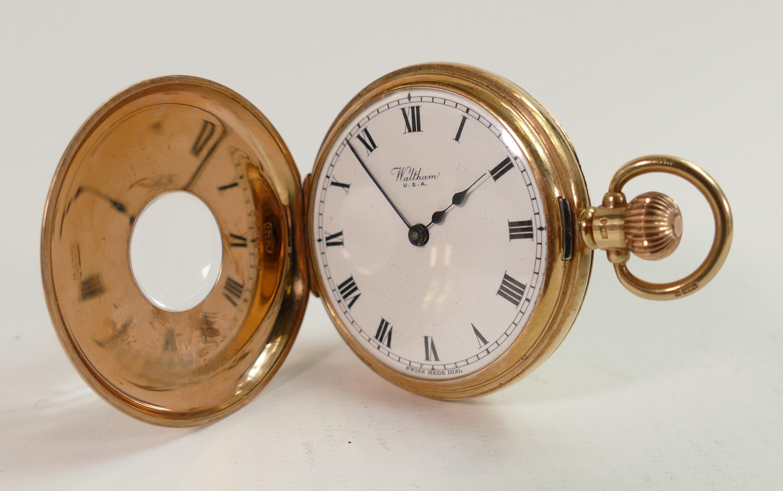 9ct gold Waltham half hunter pocket watch: In ticking order, gross weight 95g.