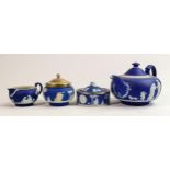 19th century Wedgwood dip blue tea pot & silver rimmed lidded pot: Together with later cream & sugar