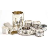 Selection of hallmarked silver items: Includes Victorian Christening mug, cigar case, 5 x napkin