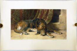 Herbert Dicksee THE SENTINEL: Bloodhound lying in doorway. A hand coloured reproduction by