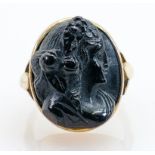 9ct gold and black stone Intaglio ring: Weight 4.9g, ring size L, stone measures 17mm x 14mm
