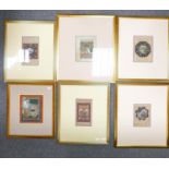 Six Islamic hand painted framed paintings: Probably taken from a book, measuring 22.5cm x 12.5cm,