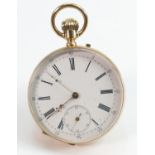 14ct gold gents open face pocket watch: Measures 46mm wide, gross weight 71g. Sold as not working,