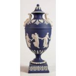 Wedgwood Dancing Hours dark blue handled urn & cover: Height 27cm