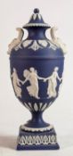 Wedgwood Dancing Hours dark blue handled urn & cover: Height 27cm