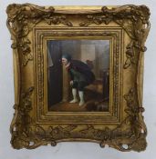 19th century oil painting on tin panel: Depicts elderly gentleman with cat in domestic scene.