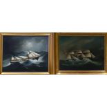 Pair of Chinese naive oil paintings: Possible artists are Lai Sung or Lai Fong, the ships believed