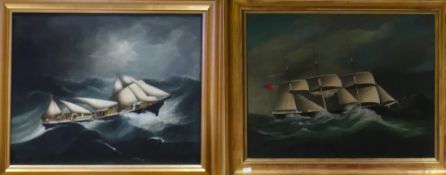 Pair of Chinese naive oil paintings: Possible artists are Lai Sung or Lai Fong, the ships believed
