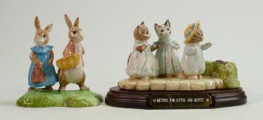 Beswick Beatrix Potter tableau figures: Mittens, Tom Kitten & Moppet (with wooden plinth) & John