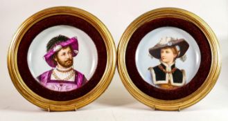 Pair of 19th century Berlin framed wall plaques decorated with portraits in period dress: Marked