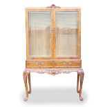 1950 Burr walnut glazed bookcase on Queen Anne Cabriole legs: Height 159cm, width 90cm & depth 43cm