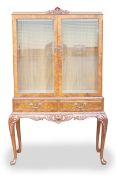 1950 Burr walnut glazed bookcase on Queen Anne Cabriole legs: Height 159cm, width 90cm & depth 43cm