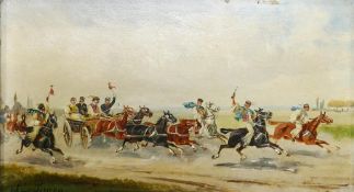 Austian oil painting 19th century of galloping horsemen on mahogany panel: Measuring 18cm x 32cm