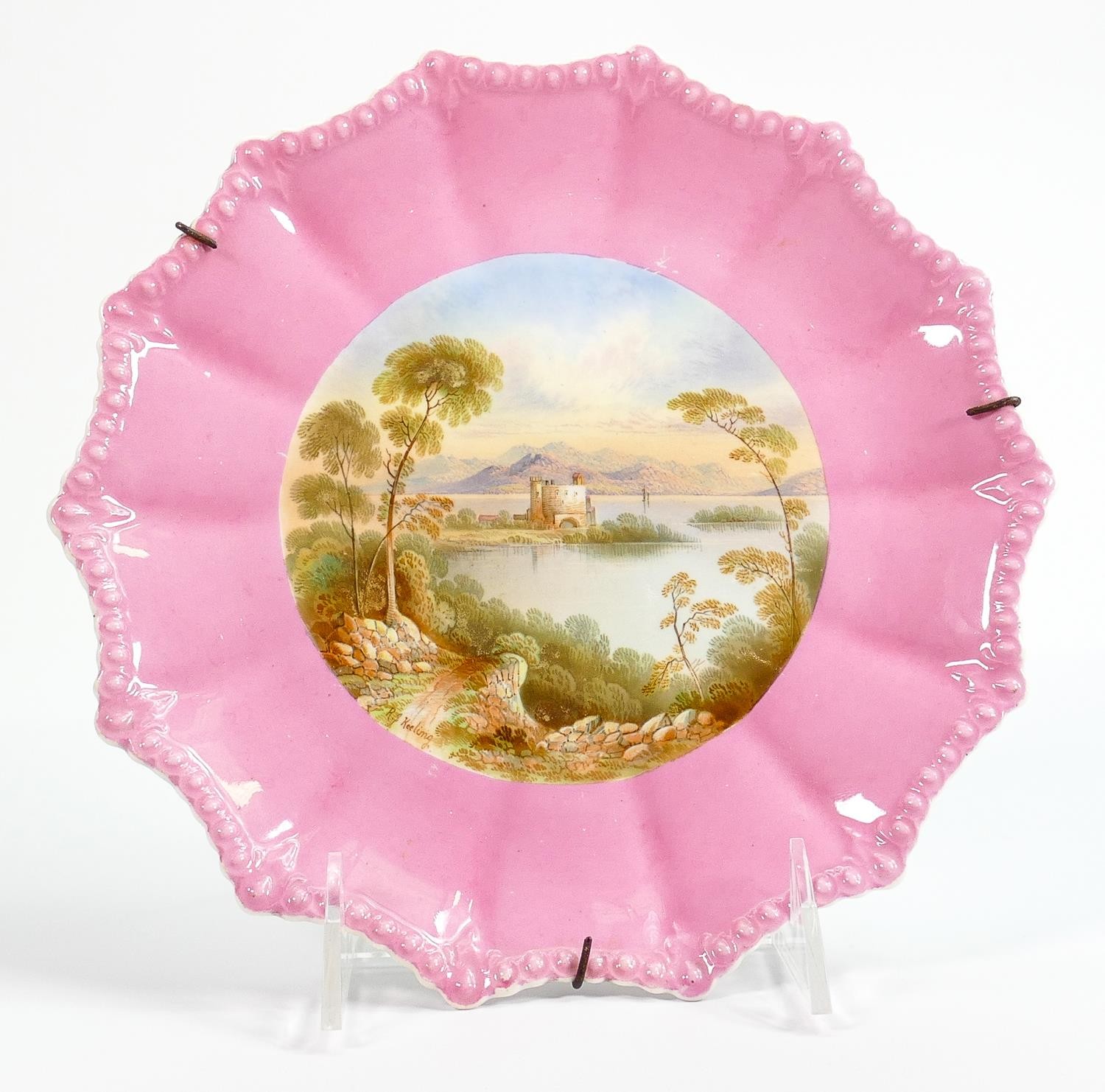 Aynsley and Royal Doulton cabinet plates: Aynsley scallop shaped plate "Durnstaffnage Castle" by R J