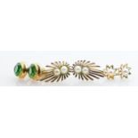 Three pairs of 9ct gold earrings: Two pairs set with seed pearls, one pair with green stones, all