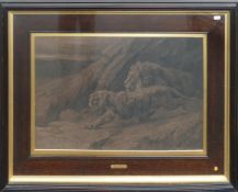 Herbert Dicksee etching RAIDERS signed proof on vellum: Lioness in coiled spring position with