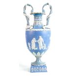18th/19th century Wedgwood two handled vase: Light blue and white Jasper, the applied white