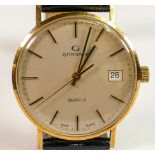 9ct gold Gerrard date quartz gentlemans wristwatch: In original box, not working.