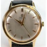 18ct gold Omega gents automatic Wristwatch: Winds, ticks, sets & runs. Measures 34mm wide appx.,