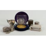 A collection of silver items to include: Four screw top pill boxes made from Indian Silver coins