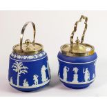 19th century Wedgwood dip blue biscuit barrels with silver plated mounts: Height excluding handles