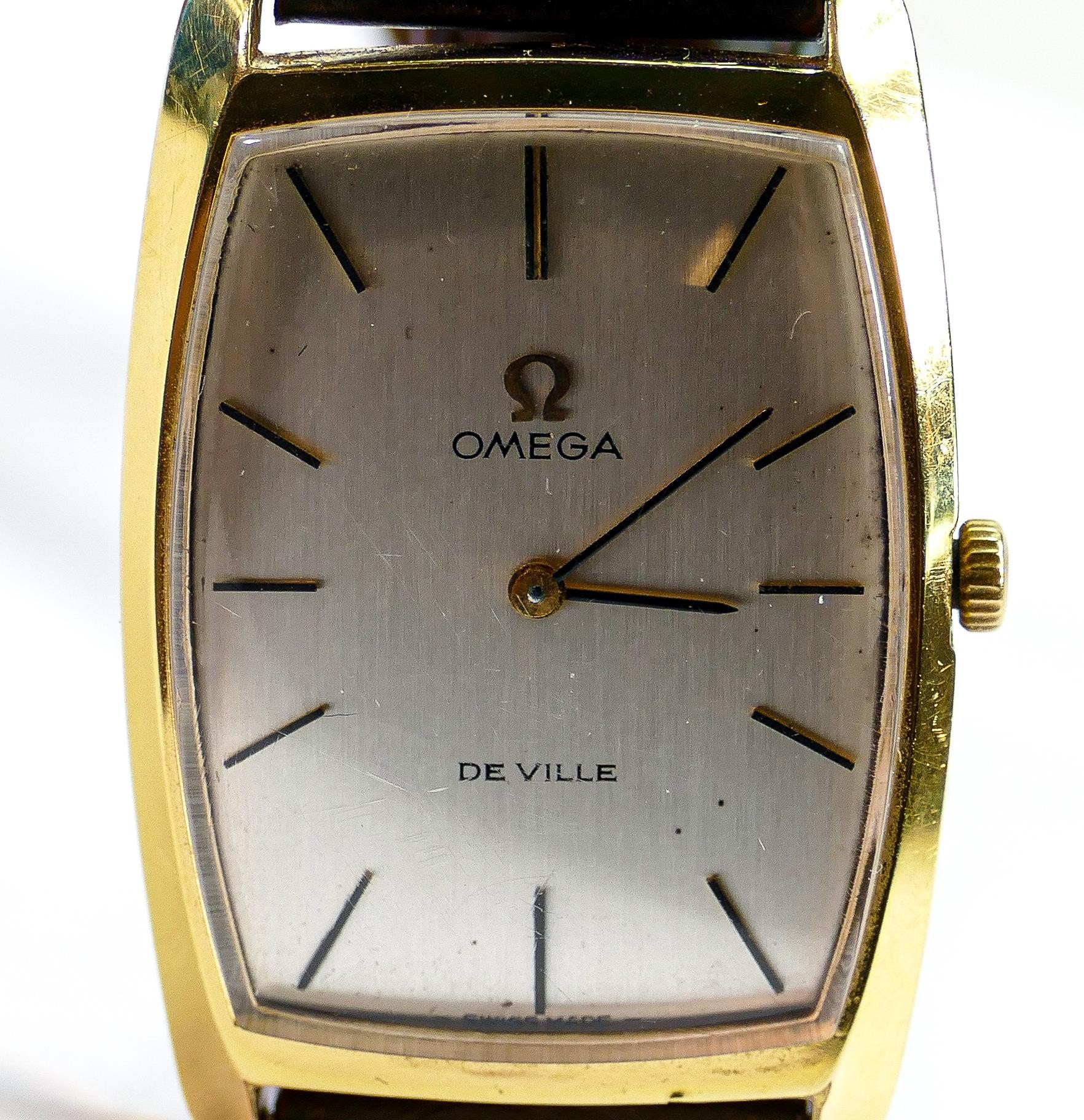 Omega De Ville manual gentlemans oblong wristwatch: c1970s, gold plated oblong case with leather