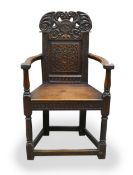 Oak carved Wainscot chair: A 19th century copy of a 17th century item