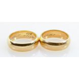 Two x 18ct hallmarked gold wedding ring bands: Engraved dedications inside, both size P1/2. Gross