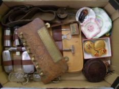A mixed collection of items to include: Edwardian wall mounting pipe rack, gents cased vanity set,