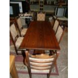 Vintage dark oak refectory style dining table and 6 upholstered dining chairs (including 2 carvers),