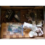 A mixed collection of items to include: cased Coronet box cameras, Black Forest type wall clock,