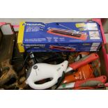 A mixed collection of items to include hand tools, tenon saws, boxed tile cutter, power drill etc (1