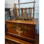 Mahogany blanket box with floral painted panels, 76cm wide, together with a wooden magazine rack (