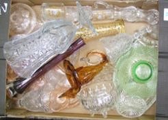A mixed collection of glassware: dressing table items, art glass vases etc (1 tray).