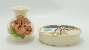 Moorcroft Columbine oval lidded pot: together with Hibiscus small vase ( 2)