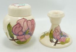 Moorcroft pink magnolia ginger jar: together with a matching candlestick (2)
