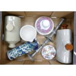 A mixed collection of items to include Spode pestal: pair of pewter candlesticks, bed warmers etc
