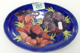 Moorcroft Anemone oval dish: on blue. Length 23.5cm