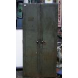 Large metal workshop cabinet in original olive green paint, 199cm H x 92cm W x 44cm W.