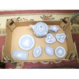 Wedgwood jasper ware: to include : teapot , plate , lidded boxes, ashtrays etc