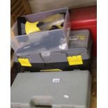 A quantity of mixed tools: accessories and tool boxes, cutting disks, laser kit etc.
