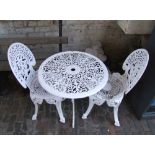 Painted white cast metal outdoor bistro set: table diameter 66cm.