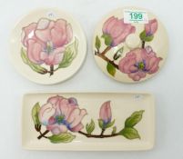 Moorcroft pink magnolia pin dish: together with matching coaster and lid (3)