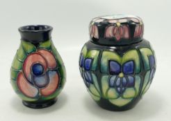 Moorcroft Violets ginger jar: together with a pink floral vase: Height of tallest 11cm (2)