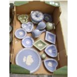 A collection of Wedgwood Jasper Ware: to include plate, pair of bud vases. lidded box, pin dishes,