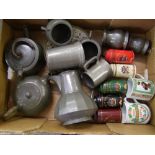A collection of pewter tea service items: together with vintage style advertising tea tins (1 tray).